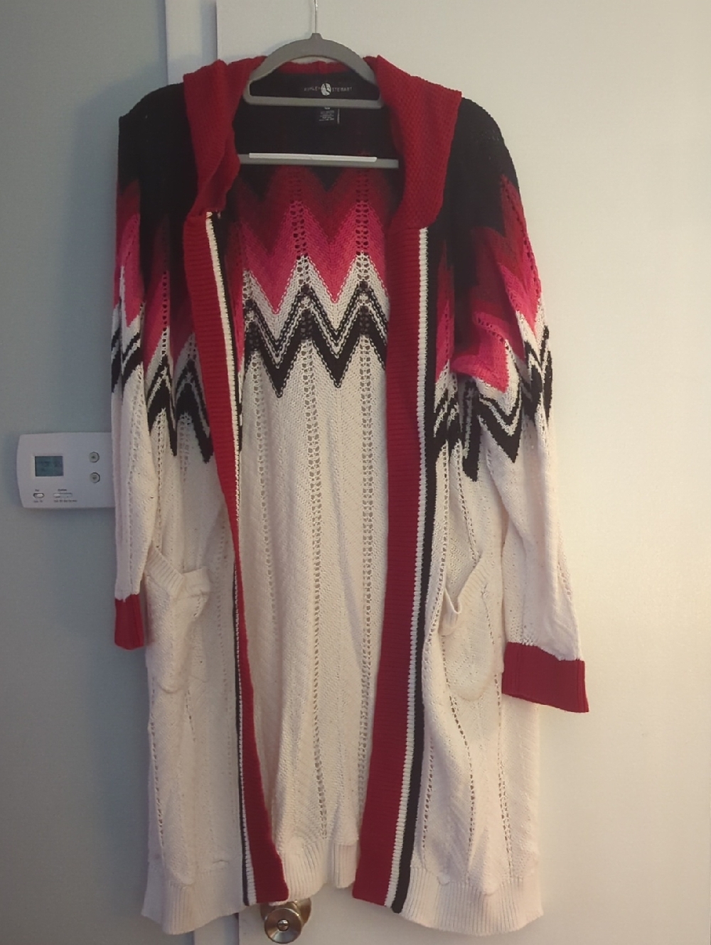 Ashley Stewart Red, Pink, Black & White Hooded Chevron Cardigan